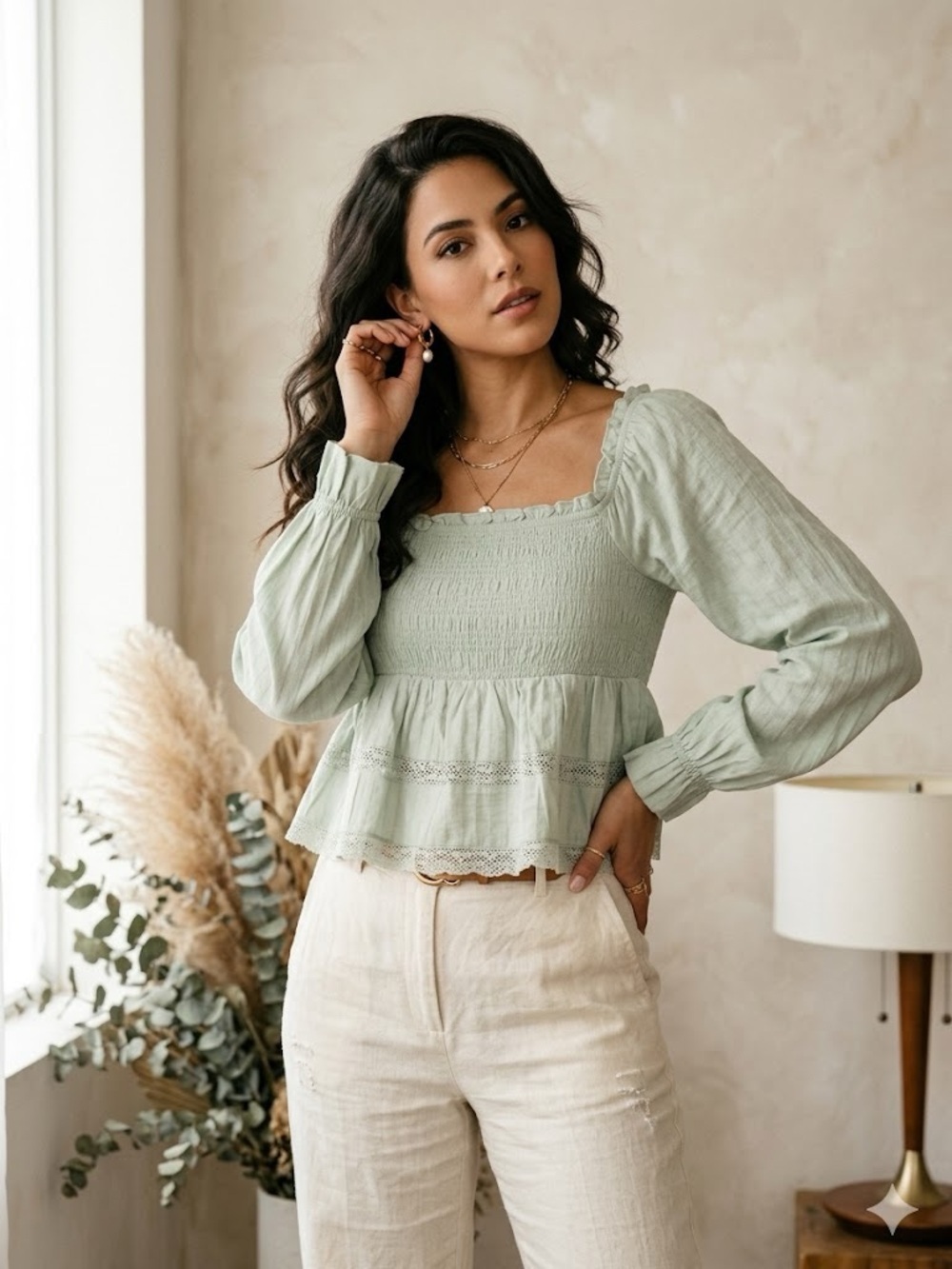 Smocked Square-Neck Peplum Top in Sage
